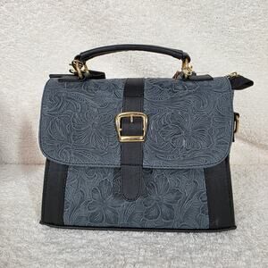 Mexican Floral Embossed Navy Blue Genuine Leather Top-Handle Bag